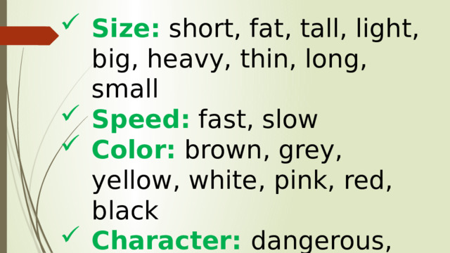 Size: short, fat, tall, light, big, heavy, thin, long, small Speed: fast, slow Color: brown, grey, yellow, white, pink, red, black Character: dangerous, nice, hardworking, lazy 