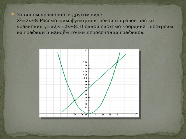 Запишем уравнение в другом виде   Х 2 =2x+8.Рассмотрим функции в  левой и правой частях уравнения y=x2;y=2x+8. В одной системе координат построим их графики и найдём точки пересечения графиков: 