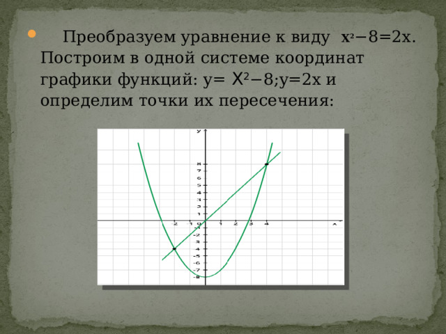  Преобразуем уравнение к виду   Х 2 −8=2x. Построим в одной системе координат графики функций: y=  Х 2 −8;y=2x и определим точки их пересечения: 