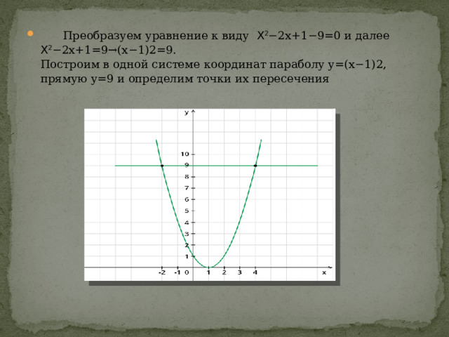  Преобразуем уравнение к виду   Х 2 −2x+1−9=0 и далее   Х 2 −2x+1=9→(x−1)2=9.  Построим в одной системе координат параболу y=(x−1)2, прямую y=9 и определим точки их пересечения 