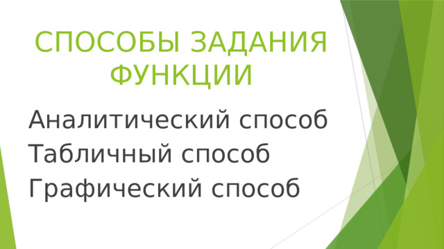 СПОСОБЫ ЗАДАНИЯ ФУНКЦИИ Аналитический способ Табличный способ Графический способ 