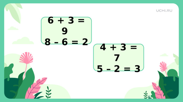 6 + 3 = 9 8 – 6 = 2 4 + 3 = 7 5 – 2 = 3 Проверка   