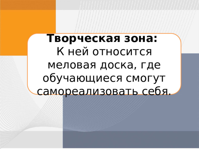 Творческая зона: К ней относится меловая доска, где обучающиеся смогут самореализовать себя. 