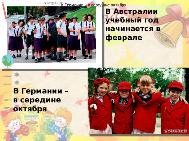 в Германии – в середине октября. в Германии – в середине октября. в Германии – в середине октября. в Германии – в середине октября. в Германии – в середине октября. в Германии – в середине октября. В Австралии учебный год начинается в феврале В Германии – в середине октября 