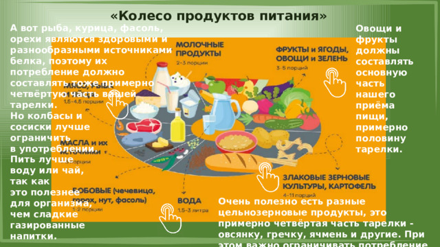 «Колесо продуктов питания» А вот рыба, курица, фасоль, орехи являются здоровыми и разнообразными источниками белка, поэтому их потребление должно составлять тоже примерно четвёртую часть вашей тарелки. Но колбасы и сосиски лучше ограничить в употреблении. Овощи и фрукты должны составлять основную часть нашего приёма пищи, примерно половину тарелки. Пить лучше воду или чай, так как это полезнее для организма, чем сладкие газированные напитки. Очень полезно есть разные цельнозерновые продукты, это примерно четвёртая часть тарелки - овсянку, гречку, ячмень и другие. При этом важно ограничивать потребление хлебобулочных изделий. 