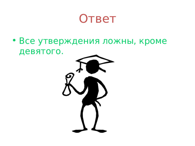 Ответ Все утверждения ложны, кроме девятого. 