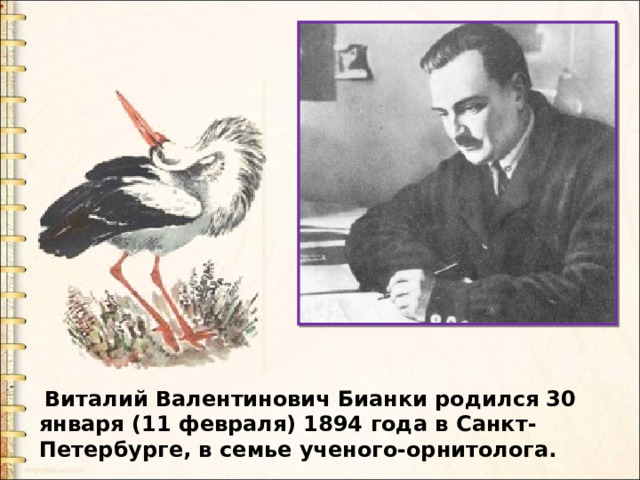  Виталий Валентинович Бианки родился 30 января (11 февраля) 1894 года в Санкт-Петербурге, в семье ученого-орнитолога. 