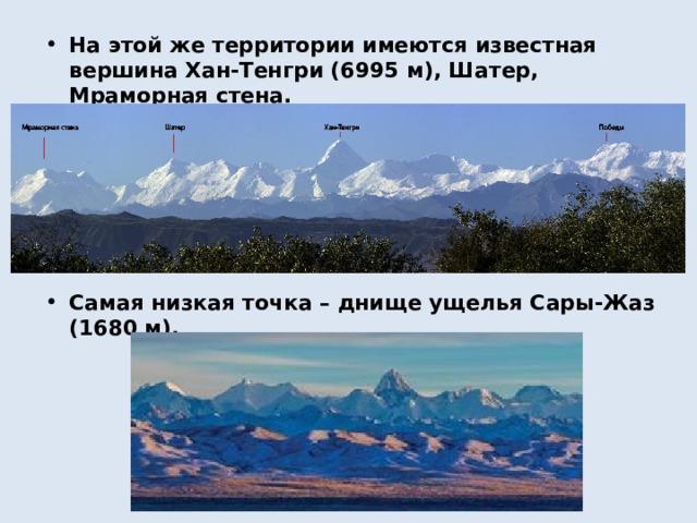 На этой же территории имеются известная вершина Хан-Тенгри (6995 м), Шатер, Мраморная стена.       Самая низкая точка – днище ущелья Сары-Жаз (1680 м). 