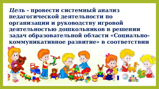 Цель - провести системный анализ педагогической деятельности по организации и руководству игровой деятельностью дошкольников в решении задач образовательной области «Социально-коммуникативное развитие» в соответствии ФГОС и ФОП ДО 