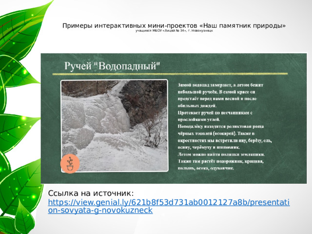    Примеры интерактивных мини-проектов «Наш памятник природы»  учащиеся МБОУ «Лицей № 34», г. Новокузнецк      Ссылка на источник: https://view.genial.ly/621b8f53d731ab0012127a8b/presentation-sovyata-g-novokuzneck 