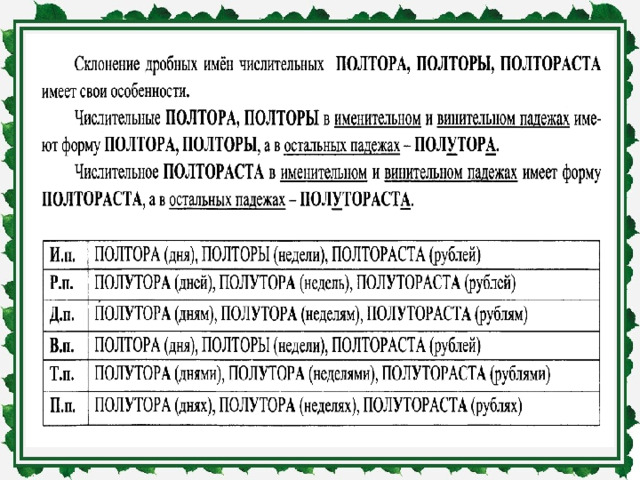 Склонение числительных «полтора», «полтораста»