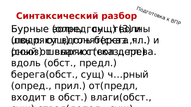 Подготовка к ВПР Синтаксический разбор Бурные волны гон…т(3) и швыряют вдоль берега ч…рный от влаги ствол дерева. Бурные (опред, сущ) волны (подл. сущ) гонят(сказ.,гл.) и (союз) швыряют(сказ., гл.) вдоль (обст., предл.) берега(обст., сущ) ч…рный (опред., прил.) от(предл, входит в обст.) влаги(обст., сущ) ствол(допол., сущ) дерева(опред., сущ). 