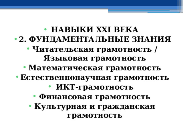 НАВЫКИ XXI ВЕКА 2. ФУНДАМЕНТАЛЬНЫЕ ЗНАНИЯ Читательская грамотность / Языковая грамотность Математическая грамотность Естественнонаучная грамотность ИКТ-грамотность Финансовая грамотность Культурная и гражданская грамотность 