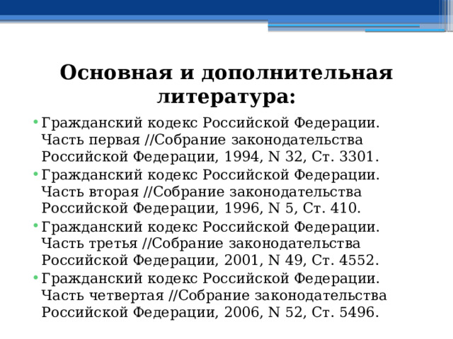 Основная и дополнительная литература: Гражданский кодекс Российской Федерации. Часть первая //Собрание законодательства Российской Федерации, 1994, N 32, Ст. 3301. Гражданский кодекс Российской Федерации. Часть вторая //Собрание законодательства Российской Федерации, 1996, N 5, Ст. 410. Гражданский кодекс Российской Федерации. Часть третья //Собрание законодательства Российской Федерации, 2001, N 49, Ст. 4552. Гражданский кодекс Российской Федерации. Часть четвертая //Собрание законодательства Российской Федерации, 2006, N 52, Ст. 5496. 