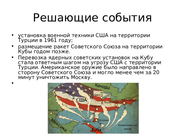 установка военной техники США на территории Турции в 1961 году; размещение ракет Советского Союза на территории Кубы годом позже. Перевозка ядерных советских установок на Кубу стала ответным шагом на угрозу США с территории Турции. Американское оружие было направлено в сторону Советского Союза и могло менее чем за 20 минут уничтожить Москву. 