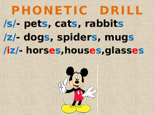 PHONETIC DRILL /s/ - pet s , cat s , rabbit s /z/ - dog s , spider s , mug s / i z/ - hors e s ,hous e s ,glass e s 