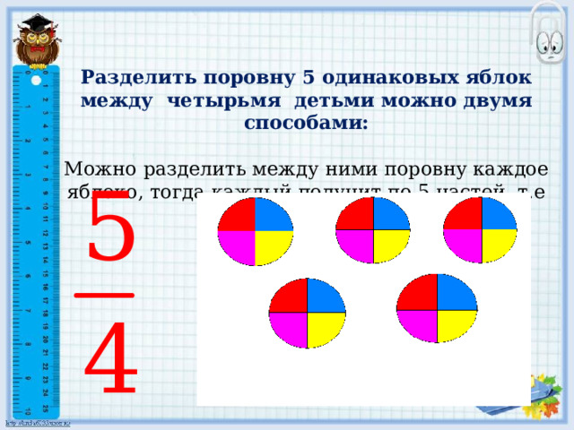 Разделить поровну 5 одинаковых яблок между четырьмя детьми можно двумя способами:  Можно разделить между ними поровну каждое яблоко, тогда каждый получит по 5 частей ,т.е получит 