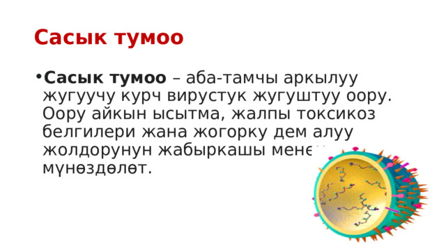 Сасык тумоо Сасык тумоо  – аба-тамчы аркылуу жугуучу курч вирустук жугуштуу оору. Оору айкын ысытма, жалпы токсикоз белгилери жана жогорку дем алуу жолдорунун жабыркашы менен мүнөздөлөт. 