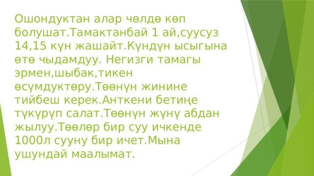 Ошондуктан алар чөлдө көп болушат.Тамактанбай 1 ай,суусуз 14,15 күн жашайт.Күндүн ысыгына өтө чыдамдуу. Негизги тамагы эрмен,шыбак,тикен өсүмдуктөру.Төөнүн жинине тийбеш керек.Анткени бетиңе түкүрүп салат.Төөнүн жүнү абдан жылуу.Төөлөр бир суу ичкенде 1000л сууну бир ичет.Мына ушундай маалымат. 