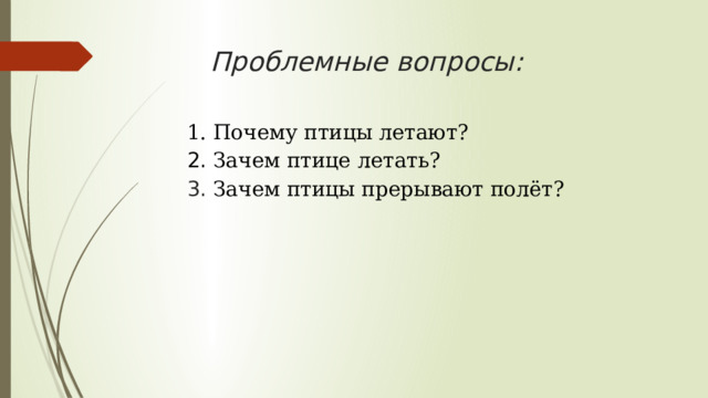 Проблемные вопросы:   1. Почему птицы летают?  2. Зачем птице летать?  3. Зачем птицы прерывают полёт?   