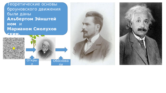 Теоретические основы бро­унов­ско­го дви­же­ния бы­ли да­ны Альбертом Эйн­штей­ном    и  Марианом  Смо­лу­хов­ским. Открыл Обосновали 