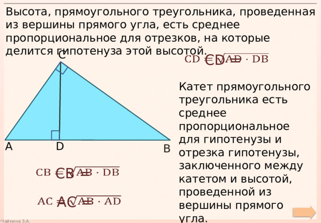 Высота, прямоугольного треугольника, проведенная из вершины прямого угла, есть среднее пропорциональное для отрезков, на которые делится гипотенуза этой высотой. С СD =   Катет прямоугольного треугольника есть среднее пропорциональное для гипотенузы и отрезка гипотенузы, заключенного между катетом и высотой, проведенной из вершины прямого угла. А D В СB =   АС =   