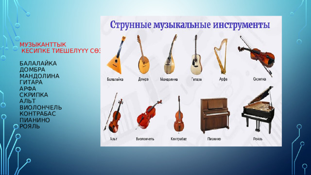 Музыканттык  кесипке тиешелүүү сөздөр :   балалайка  домбра  мандолина  гитара  арфа  скрипка  альт  виолончель  контрабас  пианино  рояль 