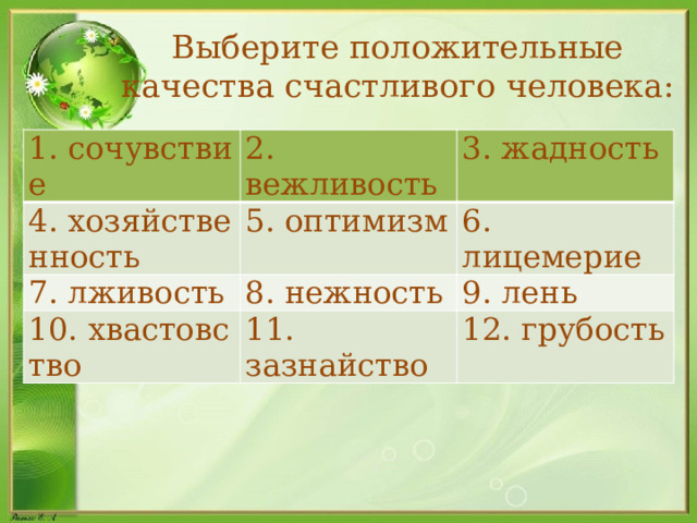 Выберите положительные качества счастливого человека: 1. сочувствие 2. вежливость 4. хозяйственность 3. жадность 5. оптимизм 7. лживость 8. нежность 6. лицемерие 10. хвастовство 9. лень 11. зазнайство 12. грубость  