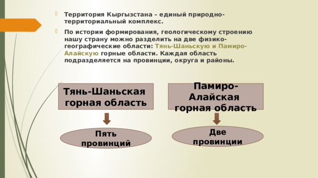 Территория Кыргызстана – единый природно-территориальный комплекс. По истории формирования, геологическому строению нашу страну можно разделить на две физико-географические области: Тянь-Шаньскую и Памиро-Алайскую горные области. Каждая область подразделяется на провинции, округа и районы.  Тянь-Шаньская горная область Памиро-Алайская горная область Две провинции Пять провинций 