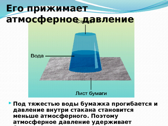 Почему, если откачиваешь воздух из воронки, широкое отверстие которой затянуто резиновой пленкой, то пленка втягивается внутрь, а затем даже лопается? Ответ: Внутри воронки давление уменьшается, под действием атмосферного давления пленка втягивается внутрь. Так можно объяснить следующее явления: Если приложить к губам кленовый лист и быстро втянуть воздух, то лист с треском разорвется. 