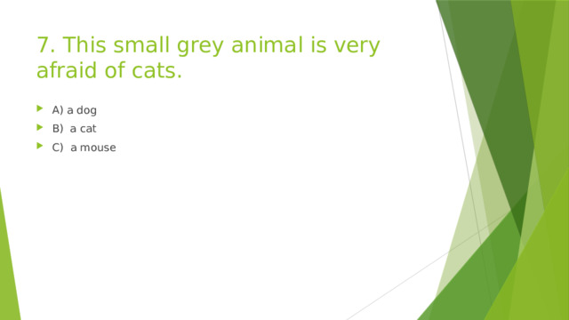 7. This small grey animal is very afraid of cats. A) a dog B) a cat C) a mouse 