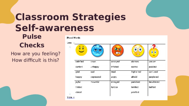 Classroom Strategies  Self-awareness Pulse Checks How are you feeling? How difficult is this? 