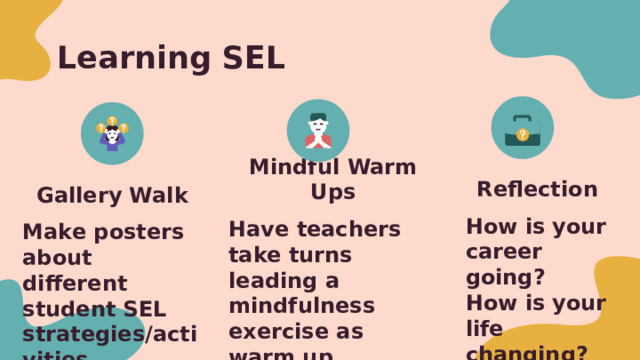 Learning SEL Reflection Mindful Warm Ups Gallery Walk How is your career going? How is your life changing? What are your goals? What are your next steps? Have teachers take turns leading a mindfulness exercise as warm up, closure, or brain break Make posters about different student SEL strategies/activities 