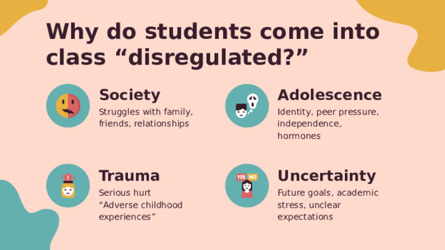 Why do students come into class “disregulated?” Society Adolescence Struggles with family, friends, relationships Identity, peer pressure, independence, hormones Uncertainty Trauma Future goals, academic stress, unclear expectations Serious hurt “ Adverse childhood experiences” Think-Pair-Share or Breakout Rooms - WHat reasons do students have for coming into a classroom “disregulated?” 
