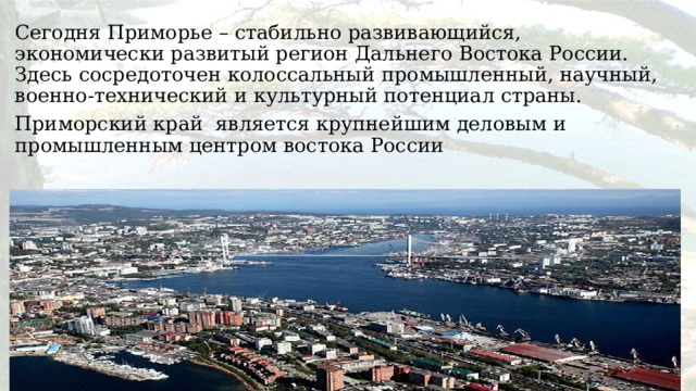 Сегодня Приморье – стабильно развивающийся, экономически развитый регион Дальнего Востока России. Здесь сосредоточен колоссальный промышленный, научный, военно-технический и культурный потенциал страны. Приморский край  является крупнейшим деловым и промышленным центром востока России 