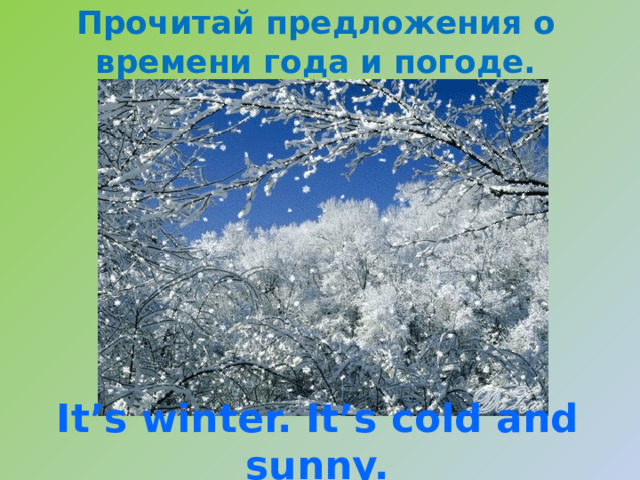 Прочитай предложения о времени года и погоде. It’s winter. It’s cold and sunny. 