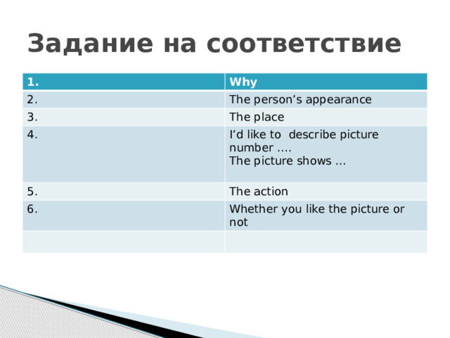 Задание на соответствие 1. Why 2. The personʼs appearance 3. The place 4. Iʼd like to describe picture number …. 5. The picture shows … The action 6. Whether you like the picture or not 