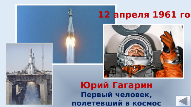 12 апреля 1961 года Юрий Гагарин Первый человек, полетевший в космос 