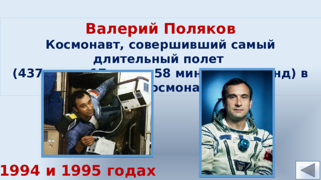 Валерий Поляков Космонавт, совершивший самый длительный полет (437 суток 17 часов 58 минут 17 секунд) в истории космонавтики В 1994 и 1995 годах 