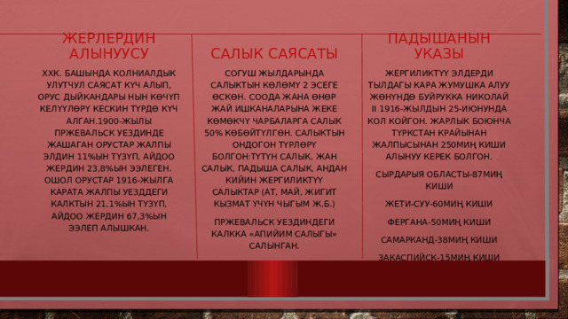 Жерлердин алынуусу Салык саясаты Падышанын указы ХХк. Башында колниалдык улутчул саясат күч алып, орус дыйкандары нын көчүп келүүлөрү кескин түрдө күч алган.1900-жылы Пржевальск уездинде жашаган орустар жалпы элдин 11%ын түзүп, айдоо жердин 23,8%ын ээлеген. Ошол орустар 1916-жылга карата жалпы уезддеги калктын 21,1%ын түзүп, айдоо жердин 67,3%ын ээлеп алышкан. Согуш жылдарында салыктын көлөмү 2 эсеге өскөн. Соода жана өнөр жай ишканаларына жеке көмөкчү чарбаларга салык 50% көбөйтүлгөн. Салыктын ондогон түрлөрү болгон:түтүн салык, жан салык, падыша салык, андан кийин жергиликтүү салыктар (ат, май, жигит кызмат үчүн чыгым ж.б.) Жергиликтүү элдерди тылдагы кара жумушка алуу жөнүндө буйрукка Николай II 1916-жылдын 25-июнунда кол койгон. Жарлык боюнча түркстан крайынан жалпысынан 250миң киши алынуу керек болгон. Пржевальск уездиндеги калкка «апийим салыгы» салынган. Сырдарыя областы-87миң киши Жети-Суу-60миң киши Фергана-50миң киши Самарканд-38миң киши Закаспийск-15миң киши 