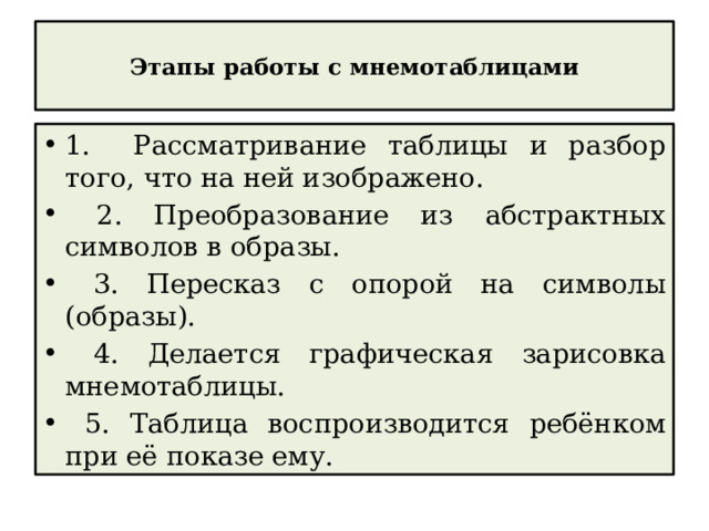  Этапы работы с мнемотаблицами   1. Рассматривание таблицы и разбор того, что на ней изображено.  2. Преобразование из абстрактных символов в образы.  3. Пересказ с опорой на символы (образы).  4. Делается графическая зарисовка мнемотаблицы.  5. Таблица воспроизводится ребёнком при её показе ему. 