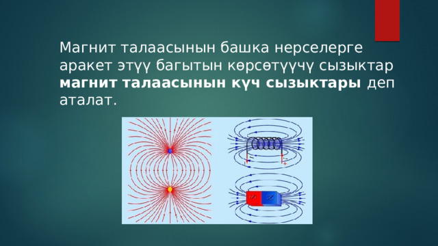 Магнит талаасынын башка нерселерге аракет этүү багытын көрсөтүүчү сызыктар магнит талаасынын күч сызыктары деп аталат. 