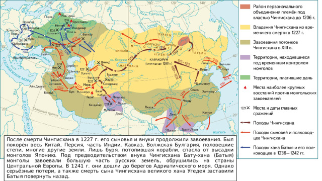 После смерти Чингисхана в 1227 г. его сыновья и внуки продолжили завоевания. Был покорён весь Китай, Персия, часть Индии, Кавказ, Волжская Булгария, половецкие степи, многие другие земли. Лишь буря, потопившая корабли, спасла от высадки монголов Японию. Под предводительством внука Чингисхана Бату-хана (Батыя) монголы завоевали большую часть русских земель, обрушились на страны Центральной Европы. В 1241 г. они дошли до берегов Адриатического моря. Однако серьёзные потери, а также смерть сына Чингисхана великого хана Угедея заставили Батыя повернуть назад. 