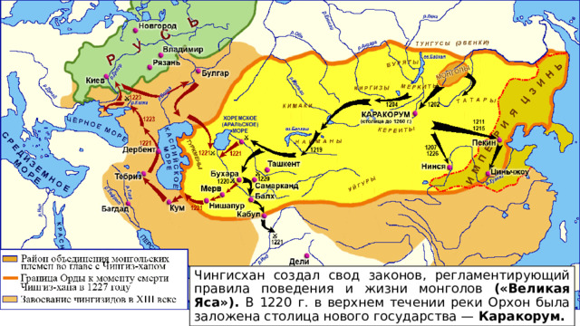 Чингисхан создал свод законов, регламентирующий правила поведения и жизни монголов («Великая Яса»). В 1220 г. в верхнем течении реки Орхон была заложена столица нового государства — Каракорум. 