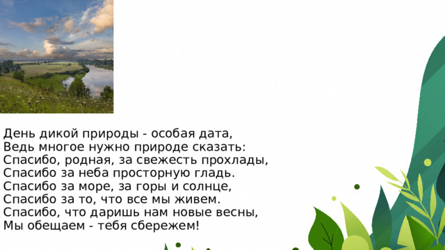 День дикой природы - особая дата,  Ведь многое нужно природе сказать:  Спасибо, родная, за свежесть прохлады,  Спасибо за неба просторную гладь.  Спасибо за море, за горы и солнце,  Спасибо за то, что все мы живем.  Спасибо, что даришь нам новые весны,  Мы обещаем - тебя сбережем!   