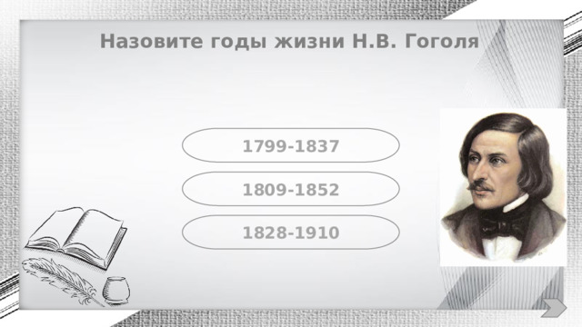 Назовите годы жизни Н.В. Гоголя 1799-1837 1809-1852 1828-1910 