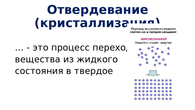 Отвердевание (кристаллизация) … - это процесс перехода вещества из жидкого состояния в твердое 