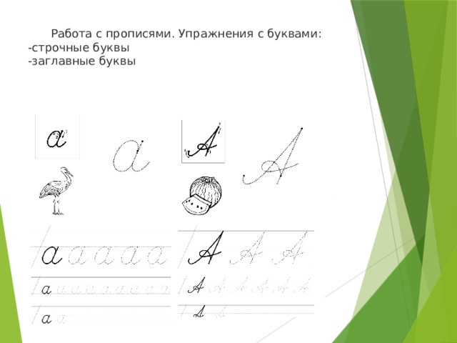  Работа с прописями. Упражнения с буквами: -строчные буквы -заглавные буквы 