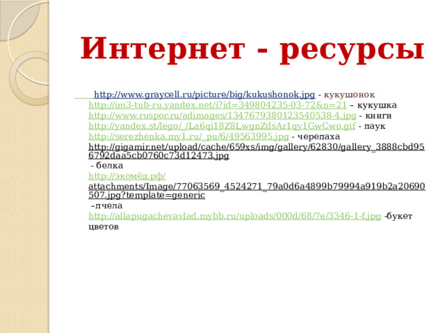 Интернет - ресурсы  http://www.graycell.ru/picture/big/kukushonok.jpg  - кукушонок  http://im3-tub-ru.yandex.net/i?id=349804235-03-72&n=21  – кукушка  http://www.ruspor.ru/adimages/1347679380123540538-4.jpg - книги  http://yandex.st/lego/_/La6qi18Z8LwgnZdsAr1qy1GwCwo.gif - паук  http://serezhenka.my1.ru/_pu/6/49563995.jpg - черепаха  http://gigamir.net/upload/cache/659xs/img/gallery/62830/gallery_3888cbd956792daa5cb0760c73d12473.jpg - белка  http:// экомёд.рф/ attachments/Image/77063569_4524271_79a0d6a4899b79994a919b2a20690507.jpg?template=generic –пчела  http://allapugachevavlad.mybb.ru/uploads/000d/68/7e/3346-1-f.jpg -букет цветов 
