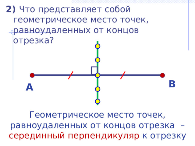 2) Что представляет собой геометрическое место точек, равноудаленных от концов отрезка? В А Геометрическое место точек, равноудаленных от концов отрезка – серединный перпендикуляр к отрезку 